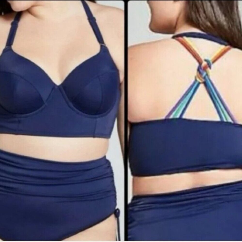 Cacique Lane Bryant Women Balconette Swim Top Navy Blue Strappy Rainbow 44DDD UW